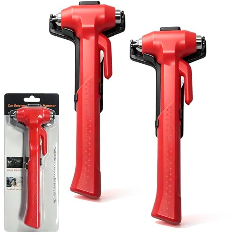 Eroshoo 2 in 1 martelli di Emergenza per Auto, con tagliacintura, Punte Temperate, Martello di Sicurezza con Coltello da Cintura, Martello di Emergenza per Auto, Autobus, Rosso