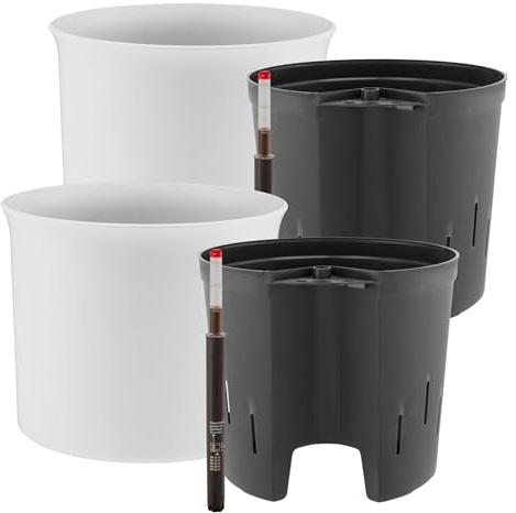 Leni Atlas Hydrokultur-Set Blumentopf Ø 24,5 cm Höhe 20 cm Weiß 2er-Pack | mit Kulturtopf und Gießanzeige, Übertopf, Pflanztopf aus Kunststoff matt