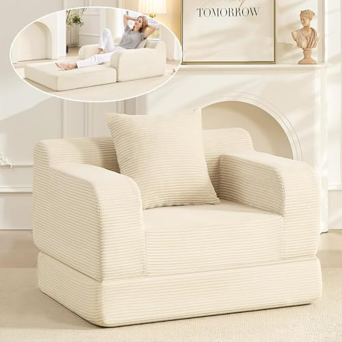 Wumagin Schlafsessel mit Bettfunktion 100x172x67cm, 1-Sitzer Schlafsessel Klappbar mit Kissen, Schlafsofa Faltbar mit Bettfunktion für Wohnzimmer, Gästezimmer & Loft (Beige)