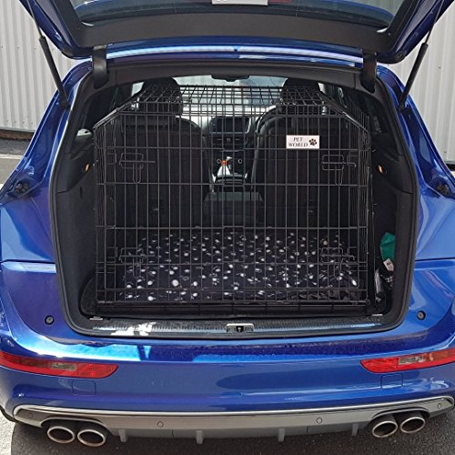 Pet World Kleine 96,5 cm abgeschrägte Auto-Hundebox – kompatibel mit Audi Q5 2008–2016 – UK entworfene Kofferraumkiste – Reisekäfig aus Karbonstahl – Notfallluke – flach zusammenklappbar – kostenlose