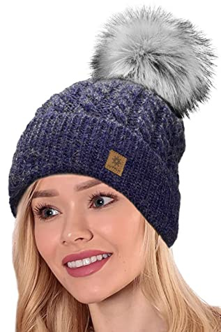 4sold Mütze & Schal Schlauchscha Damen Gerippt Winter Beanie mit Fleece Strickmütze Mohair Wolle Wurm mit Faux Fell-Bommel Bommel Pom Pom Strick Gefüttert