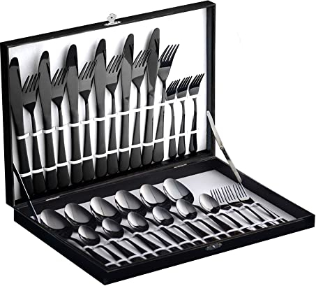 Velaze Besteck Set 12 Personen, Besteck Schwarz 18/10 Edelstahl, 60-teiliges Besteckset mit Geschenkbox, Bestecksets mit Messer, Löffel und Gabel, Spiegelpoliert und Spülmaschinenfest