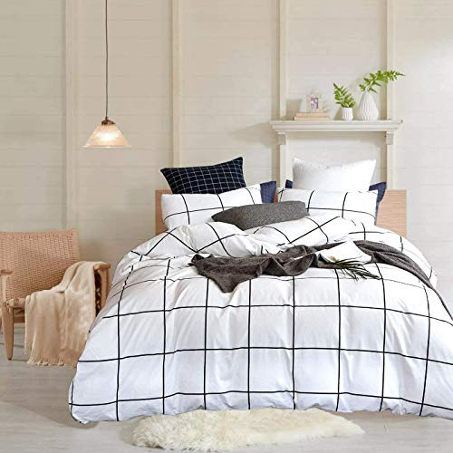 Sacebeleu Bettwäsche Kariert 155x220cm Schwarz Weiß Gitter Karo Geometrisch Wendebettwäsche Set Moderne Bettbezug und Kissenbezüge 80x80cm mit Reißverschluss