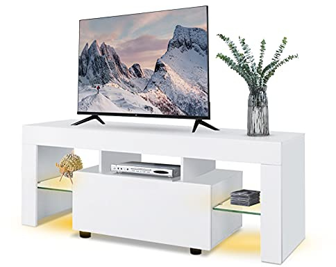 Cikonielf Moderner TV-Schrank mit LED, TV-Tisch, Holz, seitliche Ablageflächen aus Glas, DVD-Player und 1 Schublade, Weiß, 130 x 35 x 45 cm