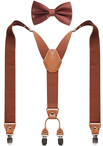 GUCHOL Bretelles nœud papillon pour homme et femme - Bretelles larges et élastiques solides - 4 clips métalliques réglables, marron, L