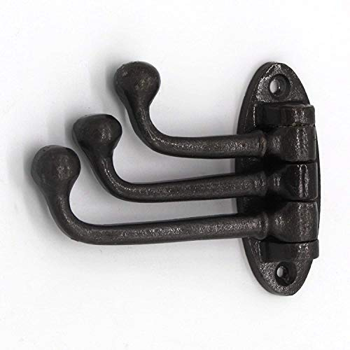 antiker schwenkbarer Dreifachhaken Kleiderhaken Garderobenhaken mit Schrauben, Gusseisen klar lackiert (Dunkelgrau), historisch antiker Schwenkhaken Haken