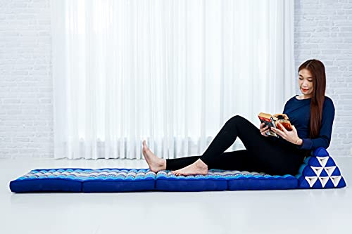 Leewadee - Bequeme Japanische Bodenmatratze - Thai Bodenliege mit Dreieckskissen - Futon Klappmatte - Thai Massagematte, XL Extra Lang, 225 x 50 cm, Blau