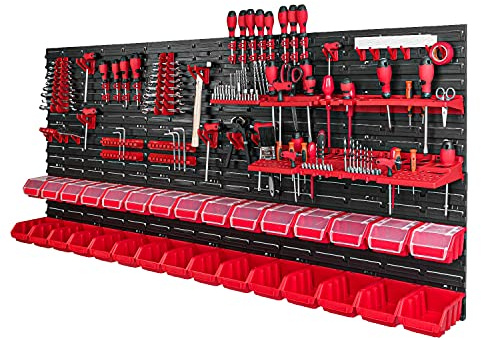 PAFEN Werkzeugwand mit Stapelboxen - 1728 x 780 mm - Lagersystem Set Werkzeughaltern und 30 Stück Box - Wandregal Werkstattregal Lochwand Schüttenregal Sichtlagerkästen