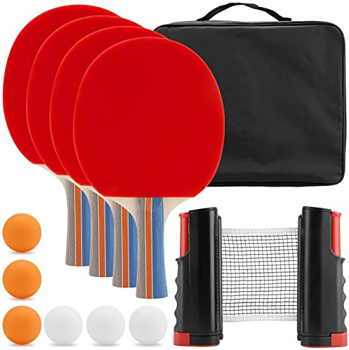 MUKLEI Bordtennisset, pingisbollset, 4 fladdermöss och 6 bollar, bärbar pingis-paddelset med 175 cm utdragbart nät och bärväska för matbord, utomhusspel