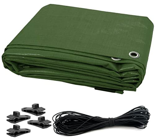 5 x 6 m Tarpaulin Waterproof Heavy Duty Cover Ground Sheet Camping Multipurpose Furniture Caravan with 4 Tarp Clips and 10 m / 32 ft Bungee Cord (Green – 90 GSM)
