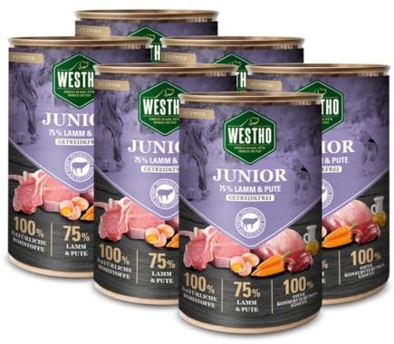 WESTHO Hundefutter Nassfutter Junior (6 x 400g) | 75% Weidelamm und Pute in Lebensmittelqualität | Getreidefrei | Welpenfutter für Welpen und Junghunde Aller Rassen | Gesundes Wachstum