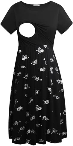 Smallshow Women's Short Sleeve Casual Maternity Nursing Dress for Breastfeeding Black-SVP121 M