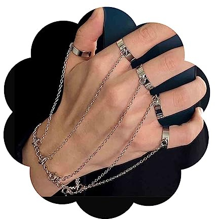 Yheakne Boho Layered Finger Ring Bracelet Silver Vintage Tassel Chain Ring Punk Gothic Hand Harness Chain Jewelry for Women and Girls Gifts