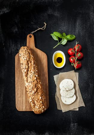 adrium AluVerbund-Bild 60 x 90 cm: Sandwich-Rezept - Brötchen, Mozzarella-Käse, Kirschtomaten und Basilikum. Zutaten auf schwarzer Tafel von oben. (55317485)