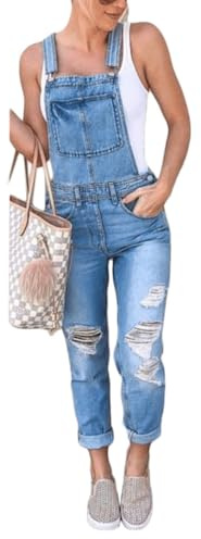 ORANDESIGNE Damen Denim Bib Overalls Lässig Stretch Verstellbar Denim Lätzchen Overall Jeans-Hosen Frauen Lässig Weites Bein Baggy Jumpsuits mit Taschen I Blau L