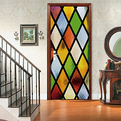 A.Monamour Türtapete Selbstklebend Türfolie Türposter 3D Buntglas Fenster Aus Farbigem Glas Vinyl Folie Türdeko Tapete Wandbild Türaufkleber Türtattoo 85 x 200 cm