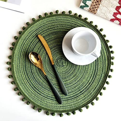 6er Set Tischset Rund, Tischsets Waschbar Rund Gewebte 38cm Platzsets Boho, Tischuntersetzer Pompom Quaste Untersetzer Hitzebeständig Rutschfest Platzteller (Grün,38cm)