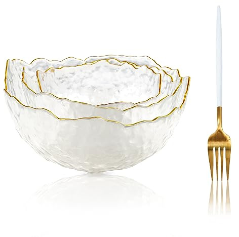 soulnioi Kristall-Salatschüssel-Set, Glas-Obstschale, Süßigkeiten-Snack-Dessertschale, transparent, Mehrzweck-Schüssel, dekorative Schüssel mit Gabel für Zuhause, Hochzeit, Party, 380/700/1450 ml