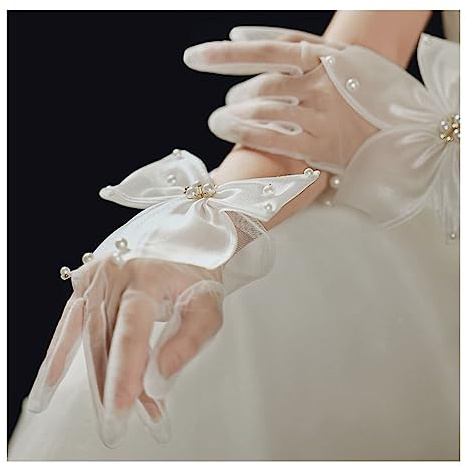 SHTGOI Damen Tüll Handschuhe Weiß Elegante Schleife Brauthandschuhe mit Perlen Hochzeitshandschuhe Netzhandschuhe Sonnenschutz Sommerhandschuhe für Hochzeitskleid Opera Tanzparty Party