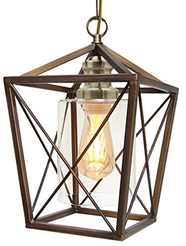 Long Life Lamp Company Antique Brass Lantern Ceiling Pendant Light Rectangular Box Frame with Clear Glass Shade Vintage M0200F