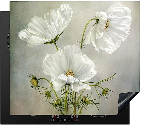 KitchenYeah© Herdabdeckplatte Einteilig Küche Ceranfeld Abdeckplatte | 60x52 cm - Cerankochfeld Abdeckung Induktionskochfeld Schutzmatte Blumen - Mohn - Weiß - Botanik - Moderne