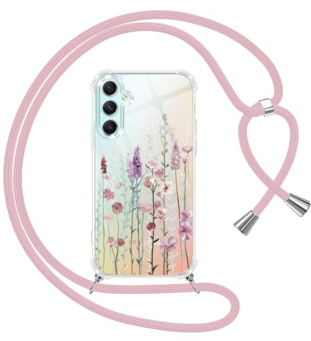 Yoedge Handyband Handyhülle für Samsung Galaxy A34 5G 6,5 Hülle mit Band, Weiche Silikon TPU + PC Stoßfest Schutzhülle mit Kordel zum Umhängen, Durchsichtig Case mit Aesthetic Muster, Blumen 3