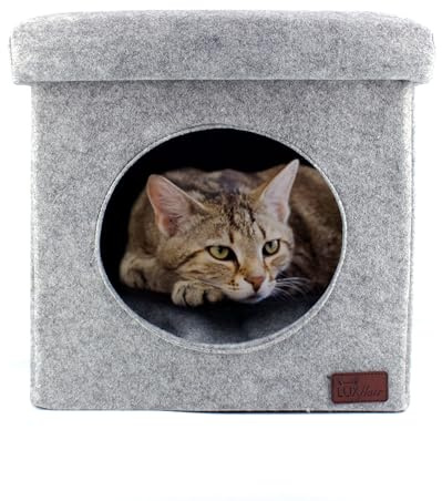 Katzenhöhle-Hocker aus Filz, Kuschelhöhle für Katzen & kleine Hunde mit Sitzauflage, Faltbarer Sitzhocker Sitzbank, Sitzwürfel bis 100kg belastbar