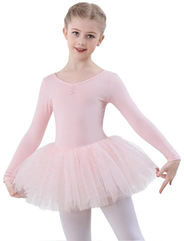 FONLAM Mädchen Ballettkleid Balletttrikot Langärmliges Ballettkleidung Kinder Glitzer Tutu Tanzkleid Tanztrikot mit Pailletten (Rosa, 11-12 Jahre)