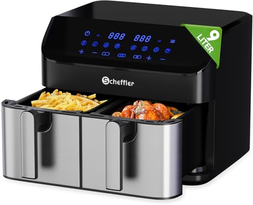 Scheffler Heißluftfritteuse 2 kammern 9L (2x4.5L), 2000W Airfryer mit 2 Fächer, Doppelkammerh, Dual Cook & Sync Finish, 8 Programme, Touchscreen, Air Fryers Heissluftfriteuse XXL Friteuse Ohne öl