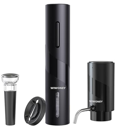 WIWONEY Tire Bouchon Electrique 4 en 1 avec Ouvre Bouteille Electrique Rechargeable, Aérateur Vin Electrique, Coupe-Capsule et bouchon de vin sous vide, Cadeaux pour Amateurs de Vin, Noir