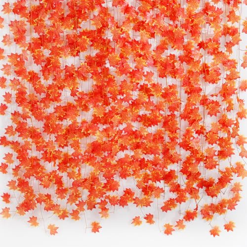 Freyalife Guirnalda de hojas de otoño para decoración de habitación (paquete de 12), hojas de arce artificiales, enredaderas colgantes de otoño, planta de hiedra roja para decoración de pared de