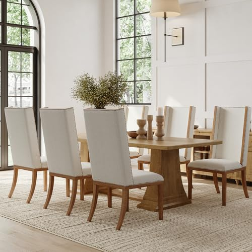DM Furniture Linen Upholstered Dining Chairs Set of 6 Traditional Wing Back Kitchen Chairs with Wood Legs Armless High Back Side Chairs with Nailhead Trim for Dining/Living Room Bedroom, Linen White