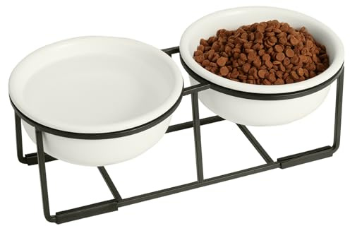 Gamelle Chien Surélevée Ceramique Double - Lot de Bol Chien avec Support en Métal Antidérapant - Gamelles Chiens Surelevées pour Nourriture et Eau - Idéal pour Chiots et Chats - 2 x 375 ML - Blanc