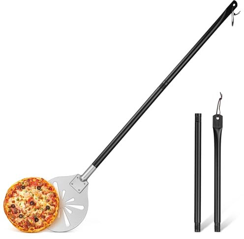 Onader Perforierter Pizzaschieber, Edelstahl Rund Pizzaschaufel, Pizza Schieber mit abnehmbarem Metallgriff für Pizza, Brot, Kuchen, Gesund & Leicht zu Reinigen - 17,8×25,1×107cm