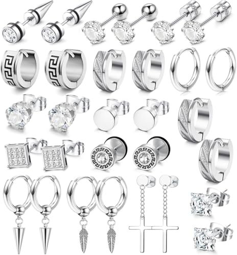 JeweBella 15 Paar Ohrringe Herren Edelstahl Hypoallergen Ohrstecker Set Ohrringe Männer Creolen Zirkonia Ohrringe Schwarz Silber Kreuz Hängend Ohrringe Piercing Ohr Knorpel Ohrringe für Männer Damen