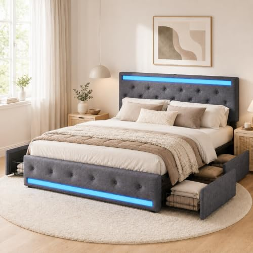 Polsterbett 160x200cm mit Stauraum, Doppelbett mit 4 Schubladen, Boxspringbett mit LED und USB, Schubladenbett mit Lattenrost, Jugendbett Funktionsbett, Leinen Grau, Ohne Matratze (160 * 200cm)