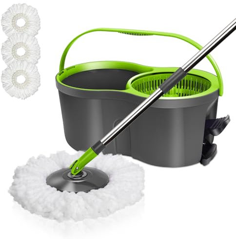 Masthome Seau Essoreur à Pédale et Balai à Franges, Balai Serpillère avec Rotatif à 360°, Essorage Facile, Seau et Essoreur avec 3 Serpillères Réutilisables en Microfibre, pour Nettoyage sols