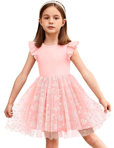 Arshiner Flickklänningar tyllklänning volangärmar prinsessklänning tutu festklänning barn bomullsaftonklänning födelsedag bröllop sommarklänning 2–7 år, rosa blommor, 3-4 �r