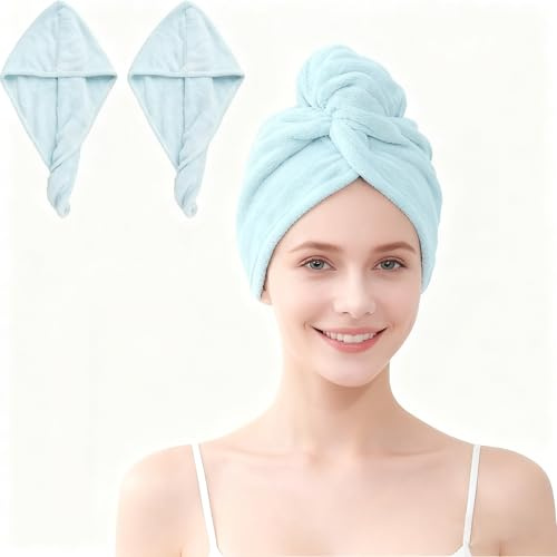 Windfromort Toalla Microfibra Pelo - Toallas para Secar el Cuerpo Rápidamente, Menos Uso de Secador, Hair Towel 2 Piezas, Toalla Suave y Absorbente para Cabello Largo, Rizado y Grueso (Azul)