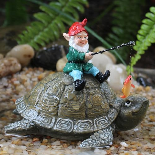 Yarteim Gartenfiguren für Draußen Wetterfest, Lustig Gartenzwerge für Außen, Angeln Figur Zwerg Deko, Schildkröte und Gartenzwerg Statue, Harz Gartendeko Figuren, Teich Deko, Geschenk für Angler