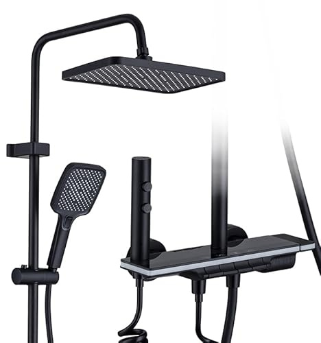HAOMIAO Soffione Doccia con Display Temperatura LED, 4 Modalità Getto - Anticalcare, Alta Pressione, Ottone Massiccio e Scaffale Integrato (nero)
