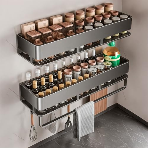Fooaot Set di 2 portaspezie da parete, in metallo, senza foratura, con 5 ganci, portaspezie, montaggio a parete, portaspezie, per ripiano da cucina, 40 cm