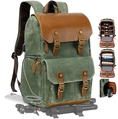 Padwa Lifestyle Green Waxed Memory Canvas Camera Backpack - Weather Resistant Camera Backpacks for Photographers,Multi DSLR SLR Camera Bag with 16” Laptop & Lens Compartment and Tripod Holder