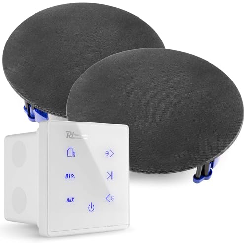 Power Dynamics A50W Bluetooth Deckenlautsprecher Set - 2X Einbaulautsprecher 6,5 Schwarz - 40 Watt Verstärker Unterputzradio, 55mm Tief - Radio, USB & SD für Wohnzimmer, Büro, Gastro & Außenbereich
