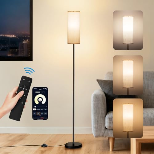 CRLL Floor Lamp for Living Room, Modern Standing Lamps with Remote & Foot Switch, 2700k-6500k Dimmable Tall Reading Lamp with Linen Shade | Standard Lamp Night Light for Bedroom Office (Black)