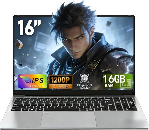 CHIFUYOU Computer portatile da gioco 16 GB RAM 512 GB SSD 16 pollici PC portatile N100 fino a 3,6 GHz, lettore di impronte digitali/6000 mAh/1920 x 1200 P/tastiera completa retroilluminata/touchpad