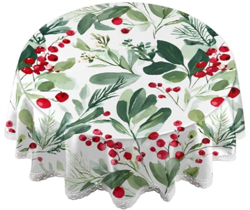 Ginfult Tovaglia rotonda natalizia verde rossa con foglie di agrifoglio, 152 cm, in poliestere, impermeabile, con bordo in pizzo, per tavolo da pranzo, cucina, feste