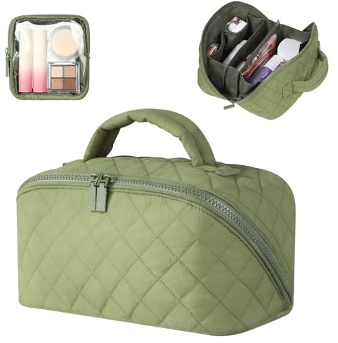 Makeup Bag for Women, Wide Open Lay-Flat Cosmetic Case, Festivalment Makeup Bag, Spacious 180° Open Cosmetic Organizer for Toiletries & Brushes Large Capacity with Compartments (Green)