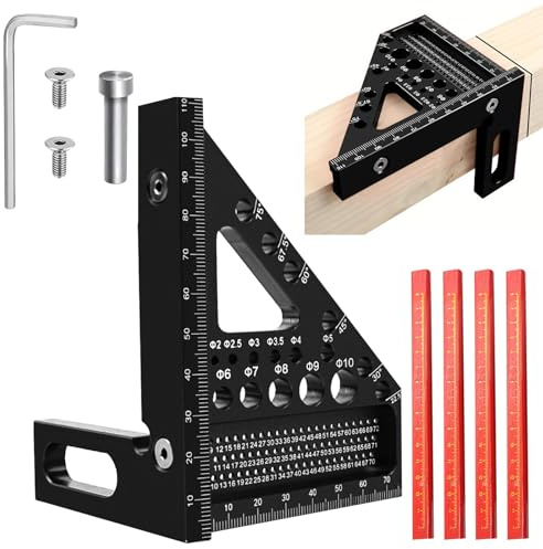 VEGCOO Carpenters Square, 3D Multi-Angle Measuring Ruler Set 22.5-90 Degree Aluminium Set Square with 4 Woodworking Pencils