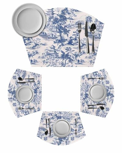 Round Table Placemat Wedge Placemats Set of 6,Blue Chinoiserie Garden Pavilion Placemat Washable Table Mats,Asian Scenic Hill Boat Plant Fan Shaped Place Mats for Kitchen Dinner Party Decor